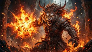 憤怒的角惡魔穿著盔甲，在毀壞的寺廟中發射火球。 — 魔物獵人 世界 壁紙