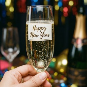 手拿著帶有Happy New Year標籤的香檳杯，背景是節日燈光。 — Pixel Watch 4 壁紙