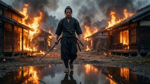 武士戰士在黃昏時分走過燃燒的村莊，火焰在水坑中反射。 — 對馬戰鬼 壁紙