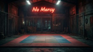 一個黑暗的倉庫健身房，紅色霓虹燈牌寫著 No Mercy，掛在圍欄格鬥區上方。 — 眼鏡蛇道館 壁紙