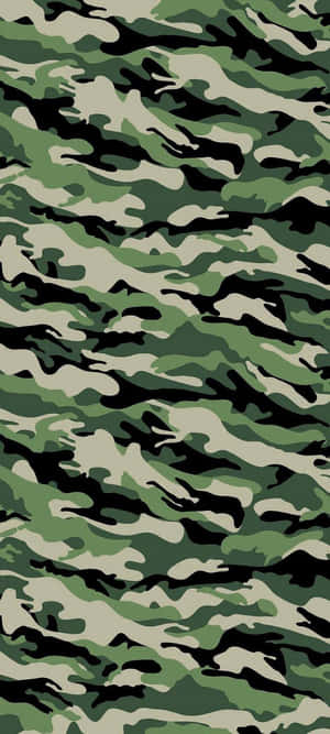 綠色、米色和黑色的軍事迷彩圖案，用於融入森林環境。 — 20:9 壁紙