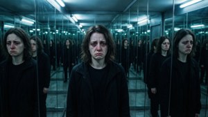 一個女人在鏡子走廊中哭泣，有多重倒影。 — 憂鬱 GIF 壁紙