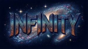 「infinity」一詞以發光霓虹字母呈現，背景為星光燦爛的星系。 — 太空 壁紙