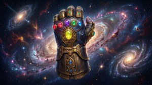在星空宇宙背景下帶有彩色寶石的無限手套。 — 復仇者聯盟3：無限之戰 壁紙