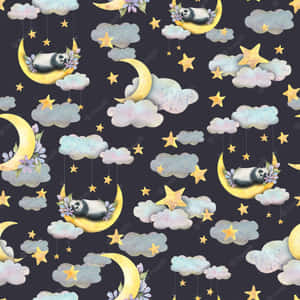 熊貓在彎月上睡覺，帶有星星和雲朵的水彩夜空圖案。 — 月夜星空 壁紙