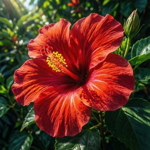 一朵鮮紅色的木芙蓉花，黃色花心被綠葉環繞。 — Pixel Watch 4 壁紙