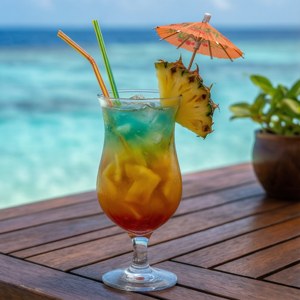 熱帶雞尾酒配鳳梨和紙傘，木桌海景 — Galaxy Watch 壁紙