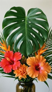 玻璃花瓶中的熱帶花卉插花，包含木槿和龜背竹葉。 — 龜背芋 壁紙
