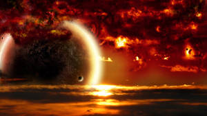 戲劇性的外星日落，一顆巨大的行星在發光的雲層上投下月牙陰影。 — 宇宙 壁紙