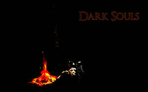 身穿盔甲的騎士坐在發光的營火旁，黑暗中帶有「Dark Souls」文字。 — 深色主題 壁紙