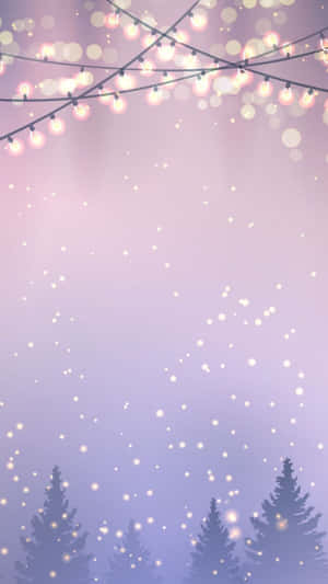 燈串在雪夜中照亮松樹上方。 — 冬季風景 壁紙