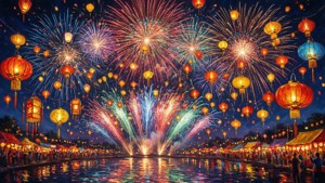 節慶夜晚中，煙火與燈籠交織的繽紛數位畫作。