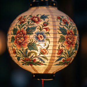 近距離微距拍攝裝飾紙燈籠，展現精緻花卉圖案。
