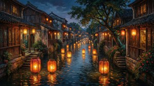 歷史悠久的運河上漂浮著燈籠，倒映在水面上，傳統建築在夜晚燈火通明。