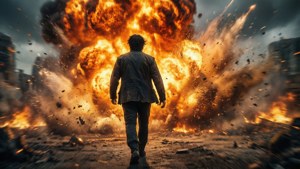 一個男人走向被毀城市中的一場巨大爆炸。 — 荼毘 壁紙
