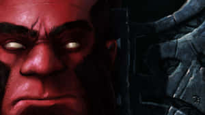紅皮膚、眼睛發光的獸人，旁邊有一個深色裝甲頭盔。 — Dota 2 4K 壁紙