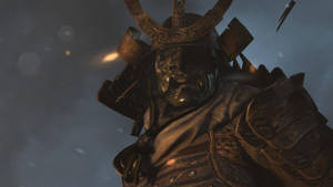 武士戰士身穿精細盔甲，戴著面具，在風暴天空下 — 鬼面具 壁紙