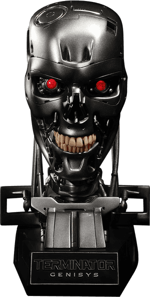 發光紅眼、金屬牙齒的 Terminator Genisys 機器人頭部。