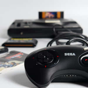 Sega Genesis控制器特寫，背景有遊戲卡帶和主機。 — iPad 第10代 壁紙