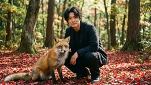 男子蹲在紅葉森林中的狐狸旁邊。 — 對馬戰鬼 壁紙