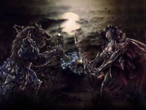 狼人與惡魔戰士在滿月下於黑暗奇幻戰鬥場景中交鋒。 — 狼人 壁紙