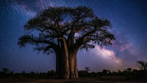 一棵大猴麵包樹在星空下，銀河可見。 — 非洲藝術 壁紙