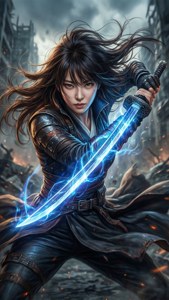 一位身穿暗色盔甲的女戰士在廢墟戰場上握著一把發光的藍色劍。 — 我獨自升級 壁紙