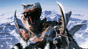 獵人用彎曲刀刃在雪山中與巨型恐龍戰鬥。 — 魔物獵人 壁紙