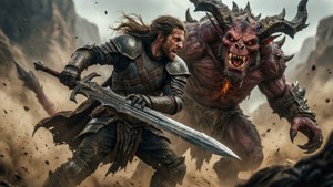 一名騎士在岩石山區戰場上與惡魔生物戰鬥。 — 魔物獵人 世界 壁紙