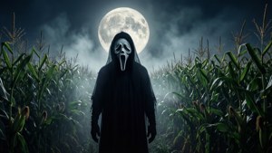戴尖叫面具的鬼影在滿月下站在玉米田裡 — 吶喊 壁紙