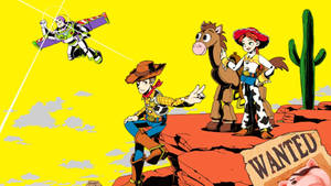 玩具總動員角色胡迪、巴斯光年和潔西在沙漠懸崖上，旁邊有通緝海報。 — 可愛熊 壁紙