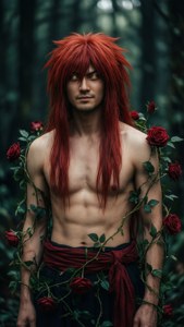 一個紅髮男人在黑暗森林中被紅玫瑰包圍，眼睛發光。 — iPhone 7 壁紙