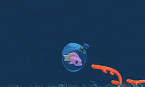 水下玻璃泡泡中的紫色魚靠近橙色海洋生物 — 墨西哥鈍口螈 GIF 壁紙