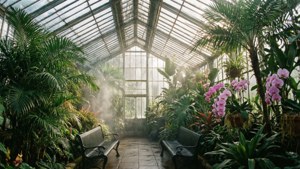 一座充滿熱帶植物與陽光的茂密植物園溫室。 — 花園 壁紙