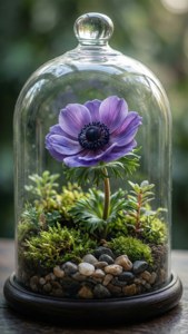 玻璃罩中的紫色銀蓮花，伴有苔蘚和鵝卵石。 — 海葵花 壁紙