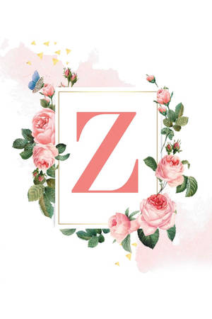珊瑚色字母Z，被粉紅玫瑰、綠葉和藍色蝴蝶環繞。 — 字母 Z 壁紙