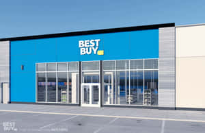 Best Buy電子產品商店正面，玻璃門和藍色外觀。 — 最佳購買 壁紙