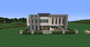 Minecraft遊戲世界中的現代方塊房屋，附帶游泳池。 — 可愛 Minecraft 壁紙