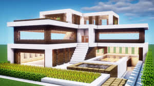 現代方塊豪宅，帶有木質點綴和綠色景觀，在晴朗的天空下。 — 可愛 Minecraft 壁紙