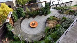 現代屋頂花園，設有火坑和弧形木甲板，周圍環繞著植物。 — 花園 壁紙