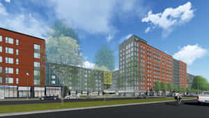 現代公寓建築，有汽車和騎單車者在城市街道上，在藍天下。 — 建築 壁紙
