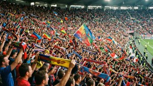 一群足球迷在球場上揮舞圍巾和旗幟。 — FIFA 世界盃 壁紙