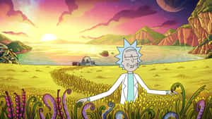 日落時分，瑞克·桑切斯在色彩繽紛的外星田野中，附近有一艘太空船。 — 太空人美學 壁紙