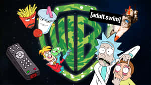 瑞克和莫蒂角色在太空漂浮，靠近華納兄弟標誌和 Adult Swim 標牌。 — 游泳 壁紙