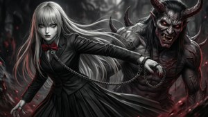 瑪奇瑪手持繩索控制惡魔，黑、白、紅色調
