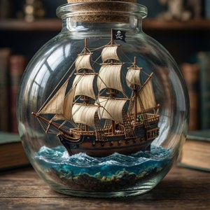 海盜船模型在玻璃罐中航行，伴有波浪和骷髏旗。 — 海盜船 GIF 壁紙