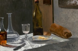克勞德·莫內創作的《瓶子、卡拉夫瓶、麵包與葡萄酒的靜物》，約1862/1863年，油畫作品。下載此藝術作品作為高解析度桌布