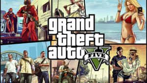 《Grand Theft Auto V》遊戲封面，主要角色出現在都市場景中。 — 俠盜獵車手V 壁紙