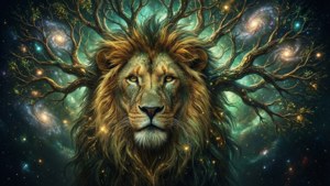 一頭獅子，鬃毛由樹枝構成，站在星空星系背景前。 — 銀河獅子 壁紙