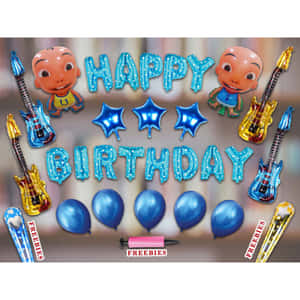 生日快樂汽球套組，包含藍色汽球與一把吉他 — Upin Ipin 壁紙
